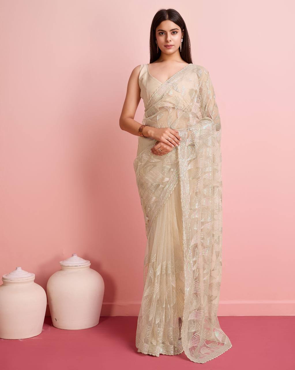 Soft Net Cream Saree with All-Over Sequin Leaf Work & Mono Banglory Silk Blouse Colorful Saree