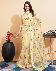 Soft Net Lemon Yellow Saree with Multicolor Chikankari Embroidery & Mono Banglory Blouse Colorful Saree