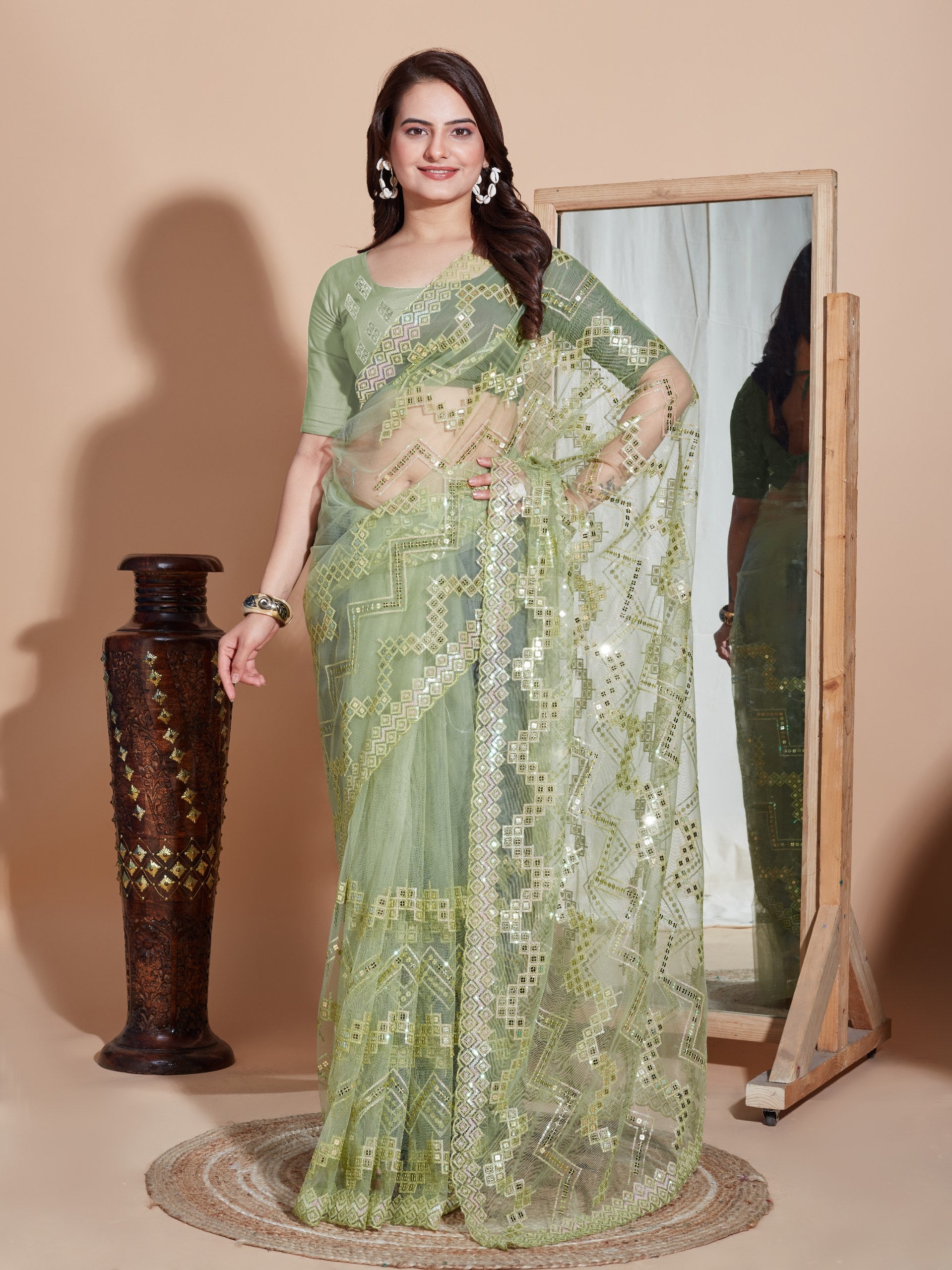 Soft Net Mehndi Green Saree with Embroidery & Sequenced Work Colorful Saree