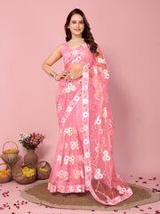 Soft Net Pink Saree with Chikankari Embroidery & Mono Banglory Blouse Colorful Saree