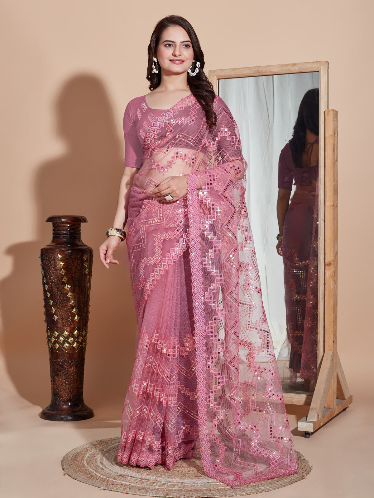 Soft Net Pink Saree with Embroidery & Sequenced Work Colorful Saree