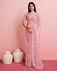 Soft Net Pink Saree with All-Over Sequin Leaf Work & Mono Banglory Silk Blouse Colorful Saree