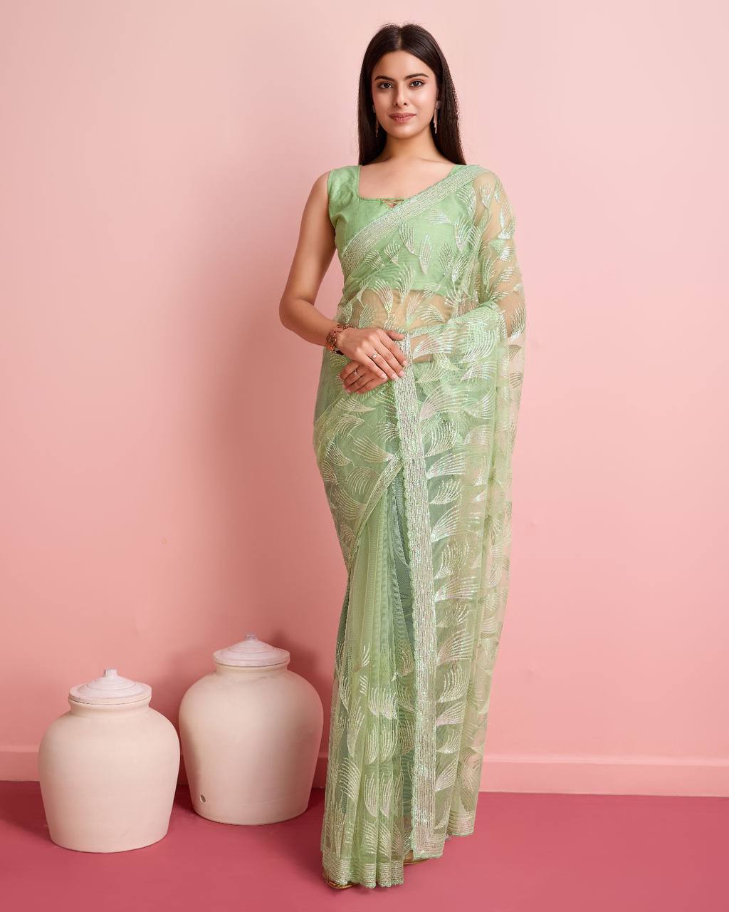 Soft Net Pista Green Saree with All-Over Sequin Leaf Work & Mono Banglory Silk Blouse Colorful Saree