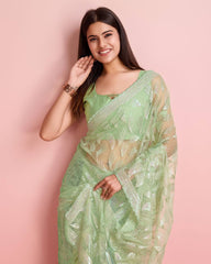 Soft Net Pista Green Saree with All-Over Sequin Leaf Work & Mono Banglory Silk Blouse Colorful Saree