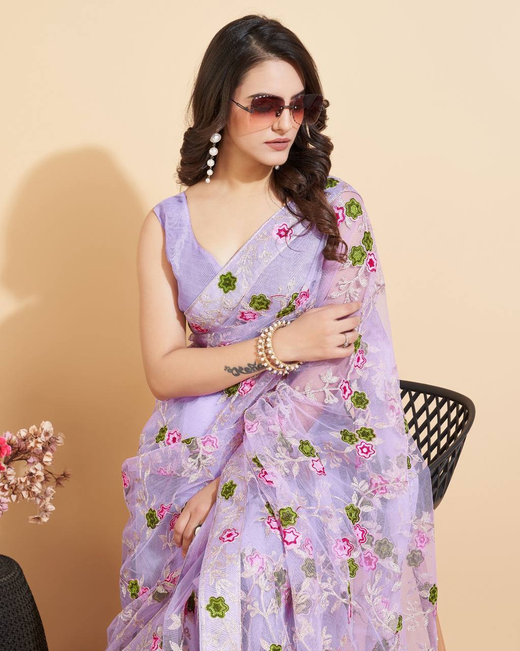 Soft Net Purple Saree with Multicolor Chikankari Embroidery & Mono Banglory Blouse Colorful Saree