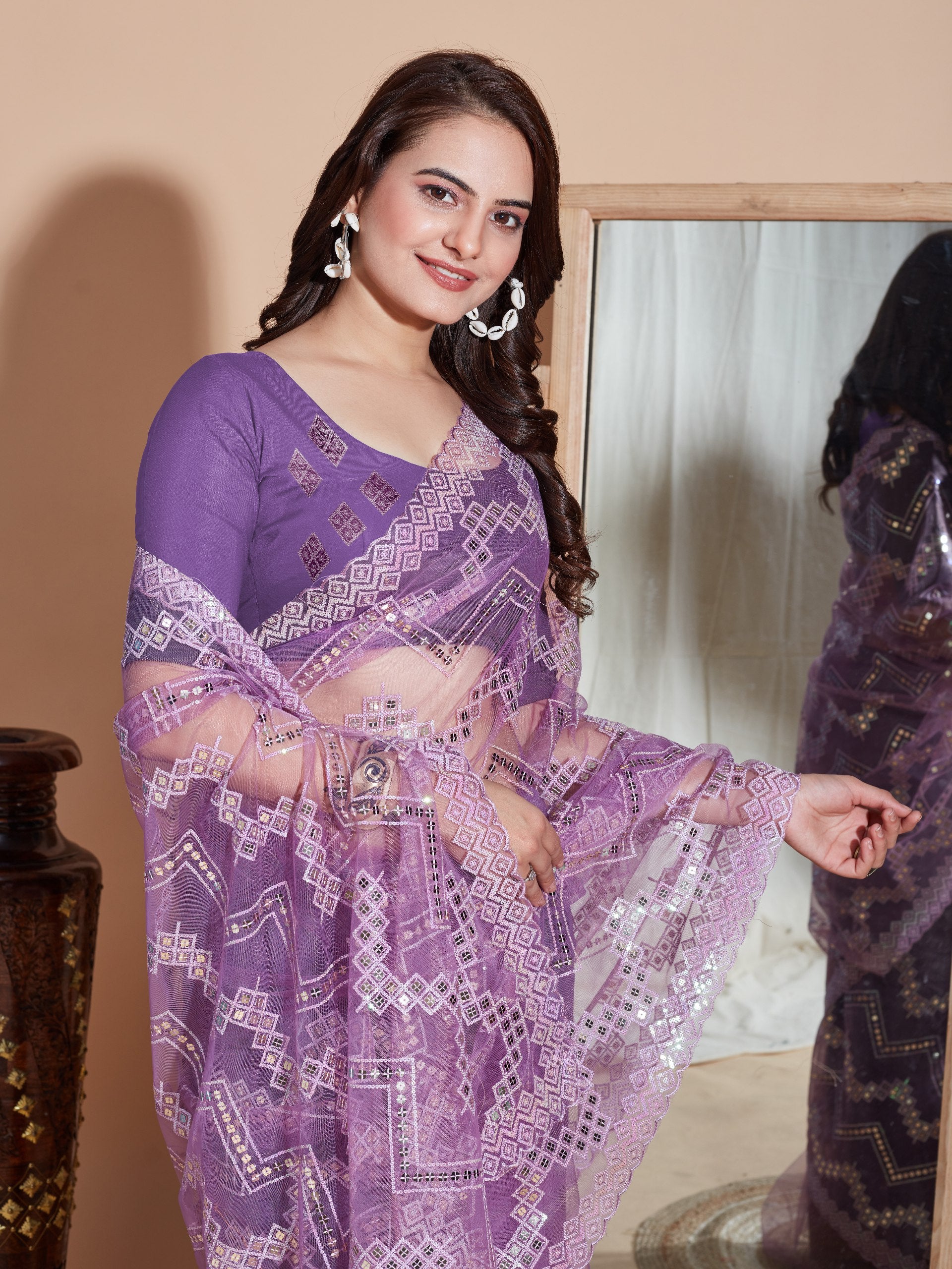 Soft Net Purple Saree with Embroidery & Sequenced Work Colorful Saree