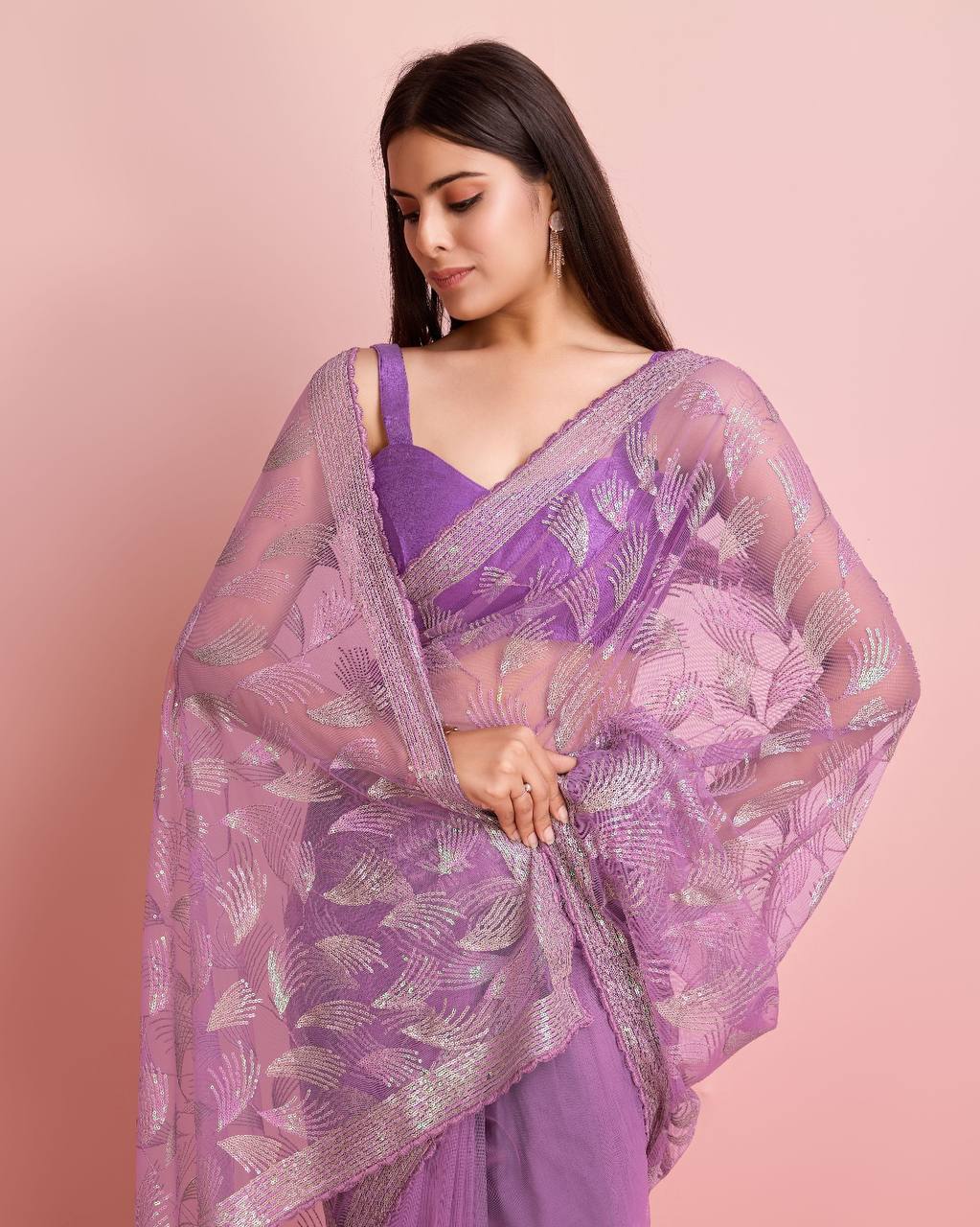 Soft Net Purple Saree with All-Over Sequin Leaf Work & Mono Banglory Silk Blouse Colorful Saree