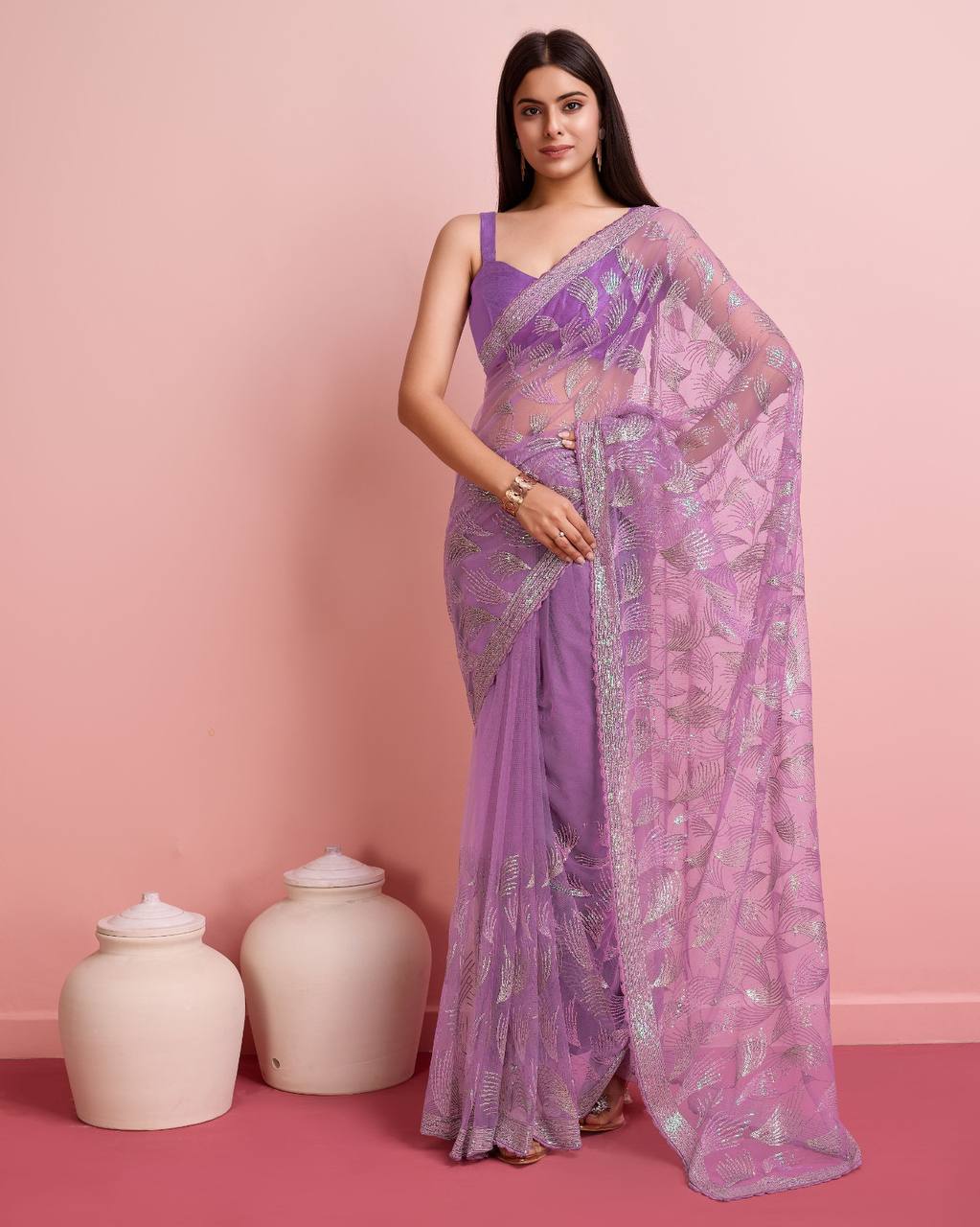 Soft Net Purple Saree with All-Over Sequin Leaf Work & Mono Banglory Silk Blouse Colorful Saree