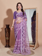 Soft Net Purple Saree with Embroidery & Sequenced Work Colorful Saree