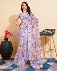 Soft Net Purple Saree with Multicolor Chikankari Embroidery & Mono Banglory Blouse Colorful Saree