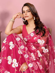 Soft Net Rani Pink Saree with Chikankari Embroidery & Mono Banglory Blouse Colorful Saree