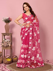 Soft Net Rani Pink Saree with Chikankari Embroidery & Mono Banglory Blouse Colorful Saree