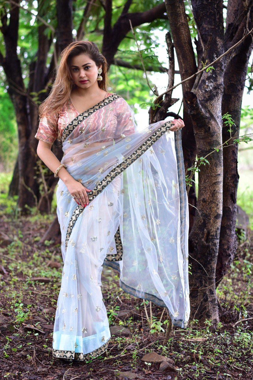 Soft Net Saree with All-Over Sequenced Butti Work, Lace Border & Digital Print Blouse Colorful Saree