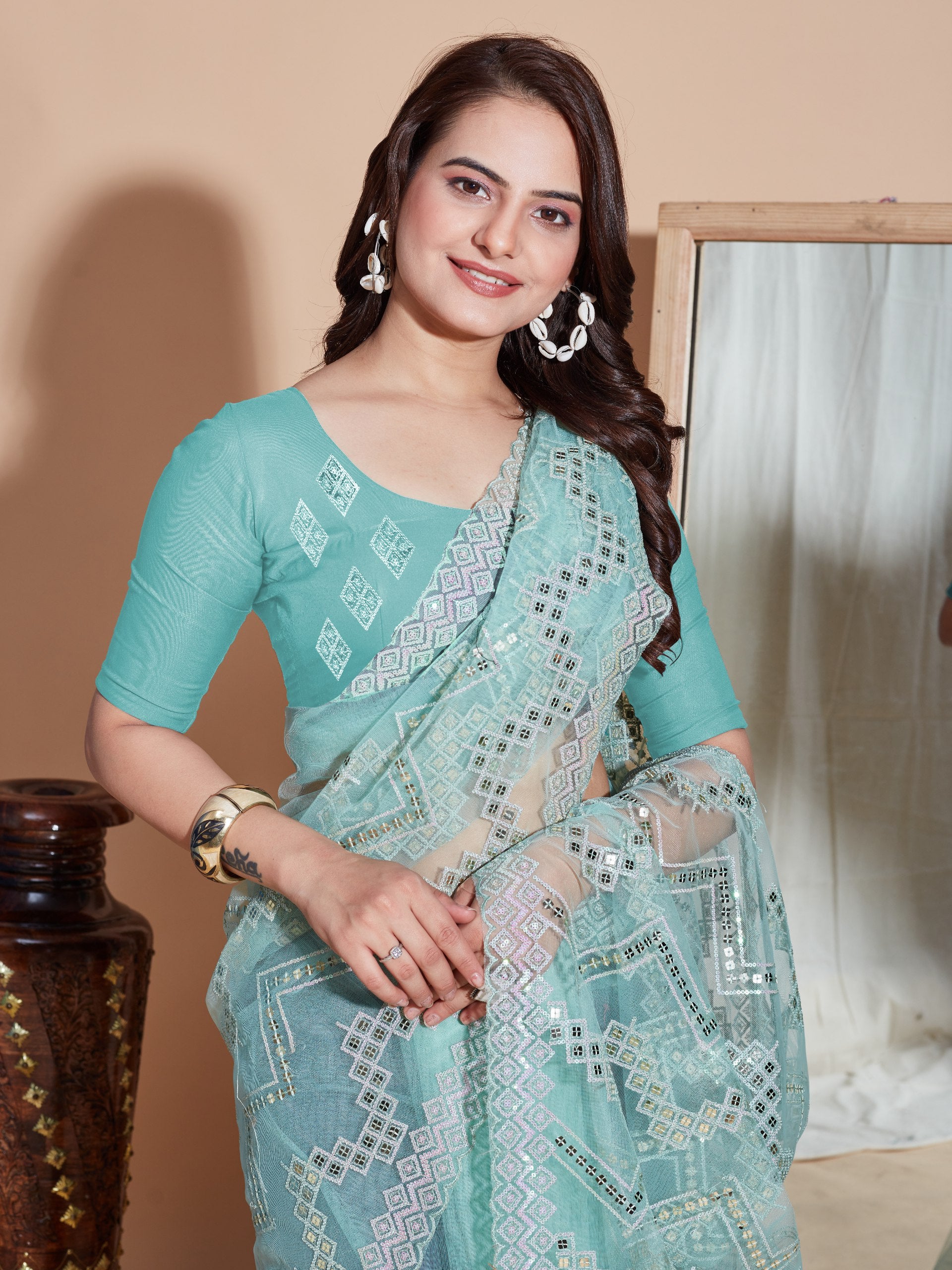 Soft Net Sky Blue Saree with Embroidery & Sequenced Work Colorful Saree