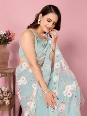 Soft Net Sky Blue Saree with Chikankari Embroidery & Mono Banglory Blouse Colorful Saree