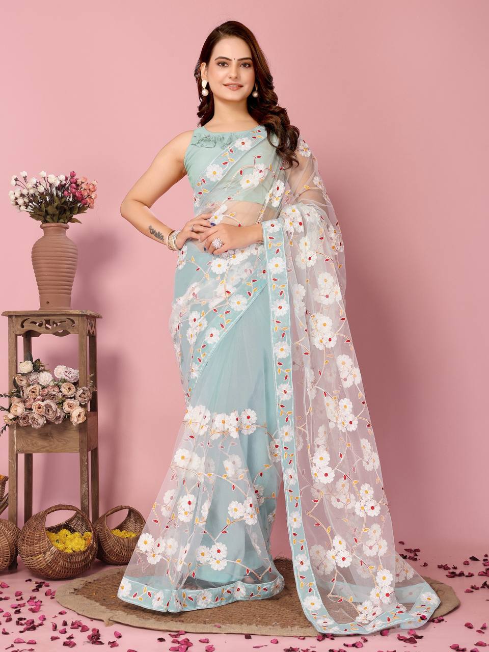 Soft Net Sky Blue Saree with Chikankari Embroidery & Mono Banglory Blouse Colorful Saree