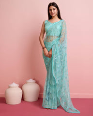 Soft Net Sky Blue Saree with All-Over Sequin Leaf Work & Mono Banglory Silk Blouse Colorful Saree