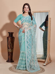 Soft Net Sky Blue Saree with Embroidery & Sequenced Work Colorful Saree