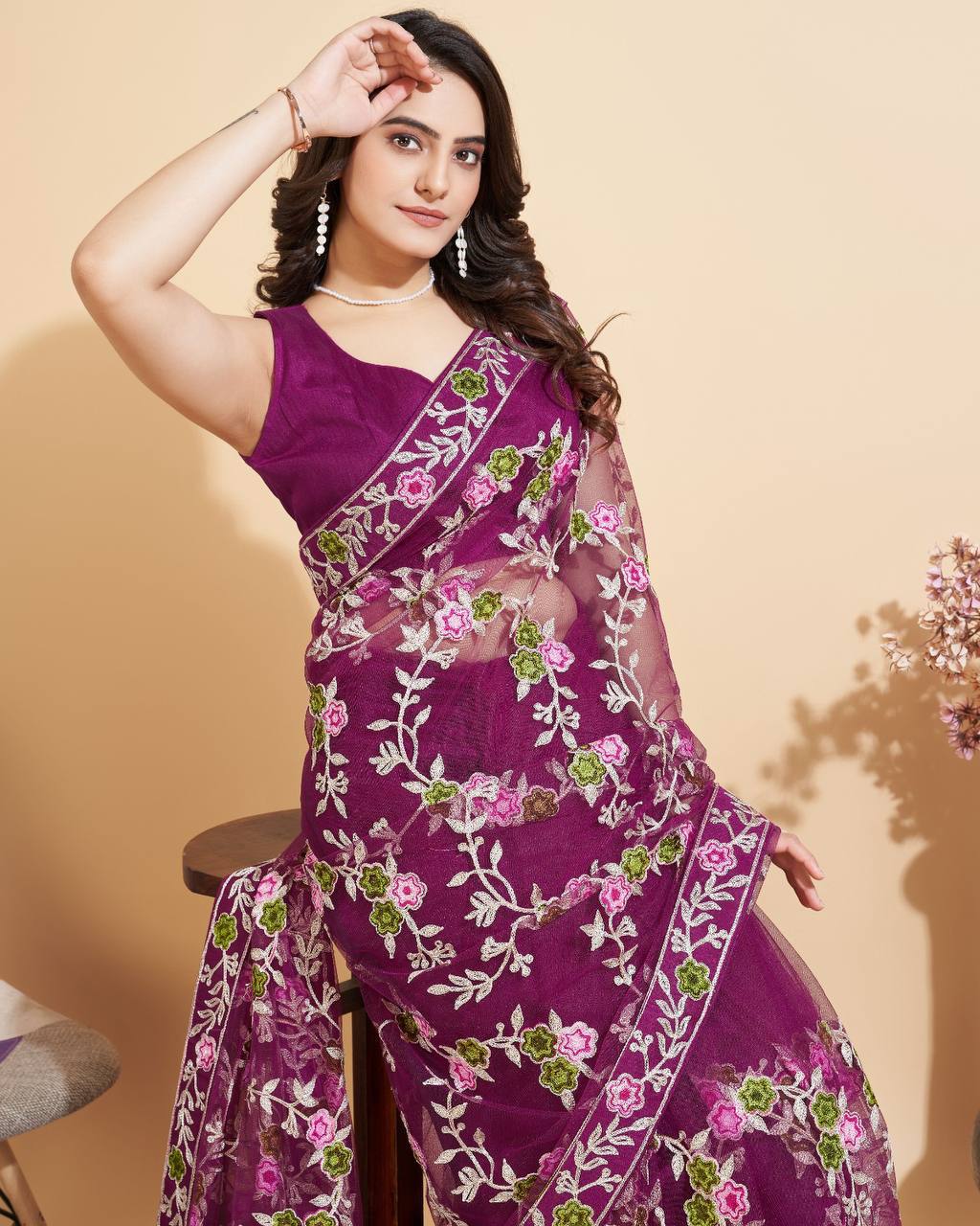 Soft Net Wine Saree with Multicolor Chikankari Embroidery & Mono Banglory Blouse Colorful Saree