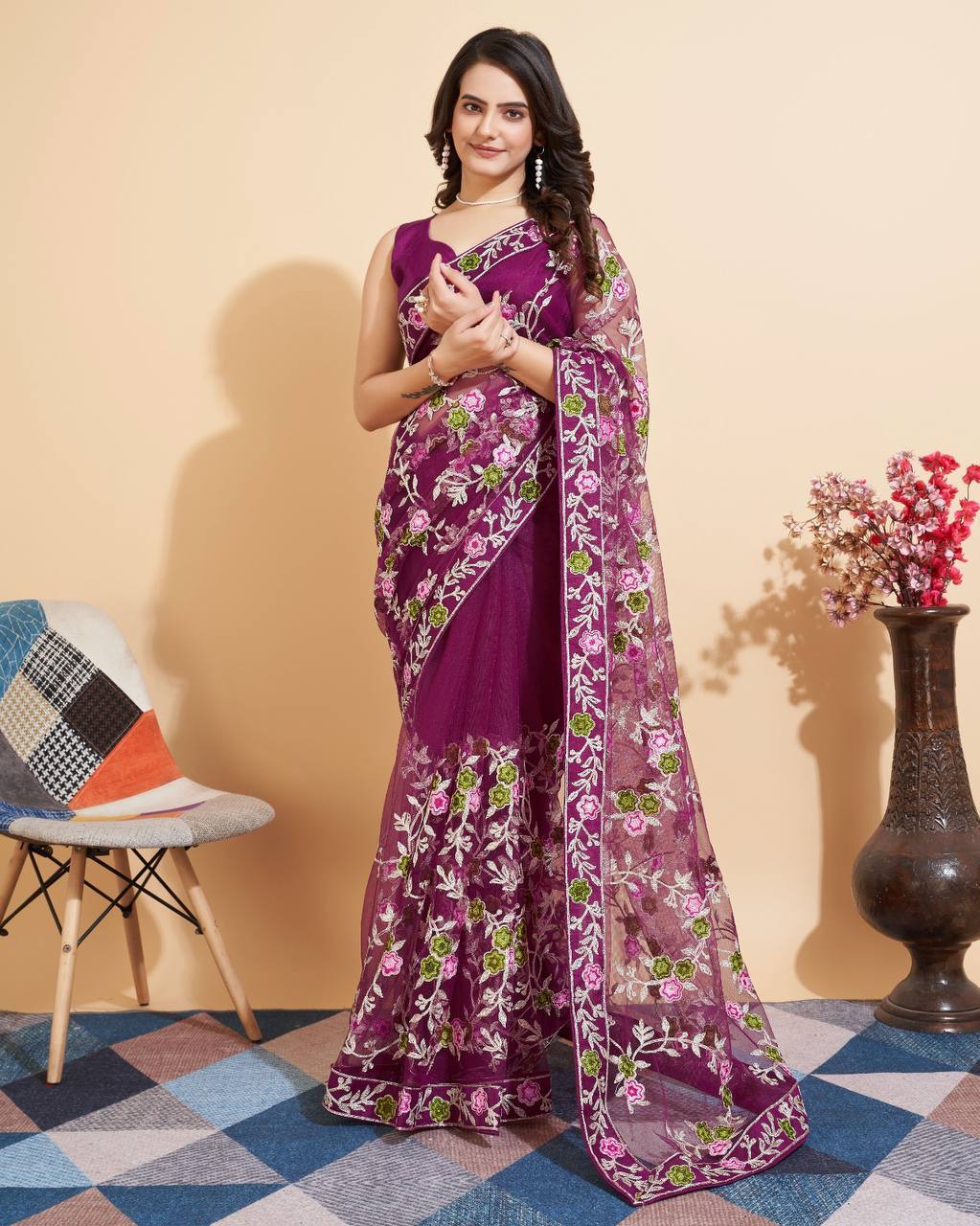 Soft Net Wine Saree with Multicolor Chikankari Embroidery & Mono Banglory Blouse Colorful Saree