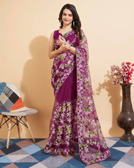 Soft Net Wine Saree with Multicolor Chikankari Embroidery & Mono Banglory Blouse Colorful Saree