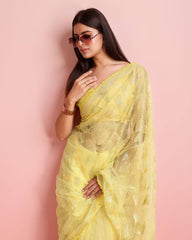 Soft Net Yellow Saree with All-Over Sequin Leaf Work & Mono Banglory Silk Blouse Colorful Saree