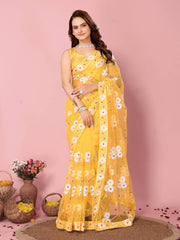 Soft Net Yellow Saree with Chikankari Embroidery & Mono Banglory Blouse Colorful Saree