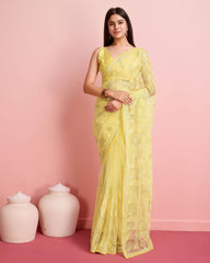 Soft Net Yellow Saree with All-Over Sequin Leaf Work & Mono Banglory Silk Blouse Colorful Saree