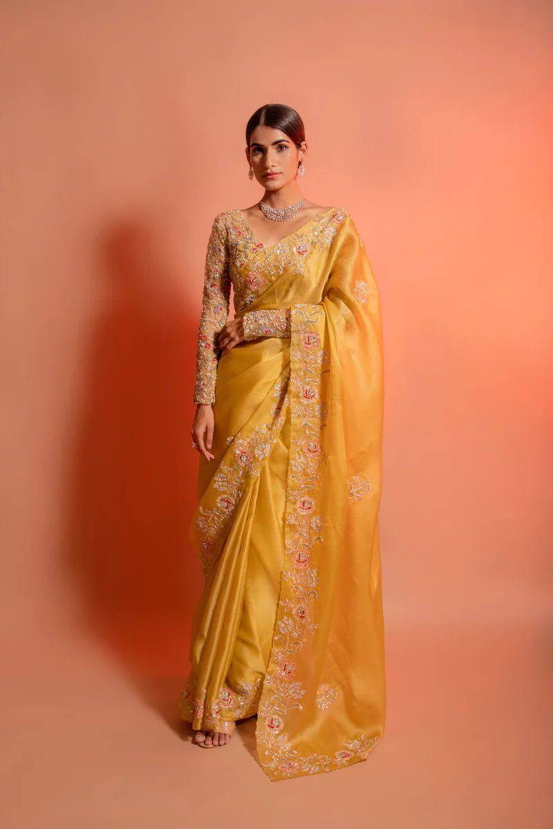 Soft Organza Saree with Heavy Embroidery Work and Mono Banglory Satin Silk Blouse Piece Colorful Saree