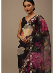 Soft Taby Organza Black Saree with All-Over Embroidery Cut Work Border and Mono Banglory Silk Blouse Piece Colorful Saree