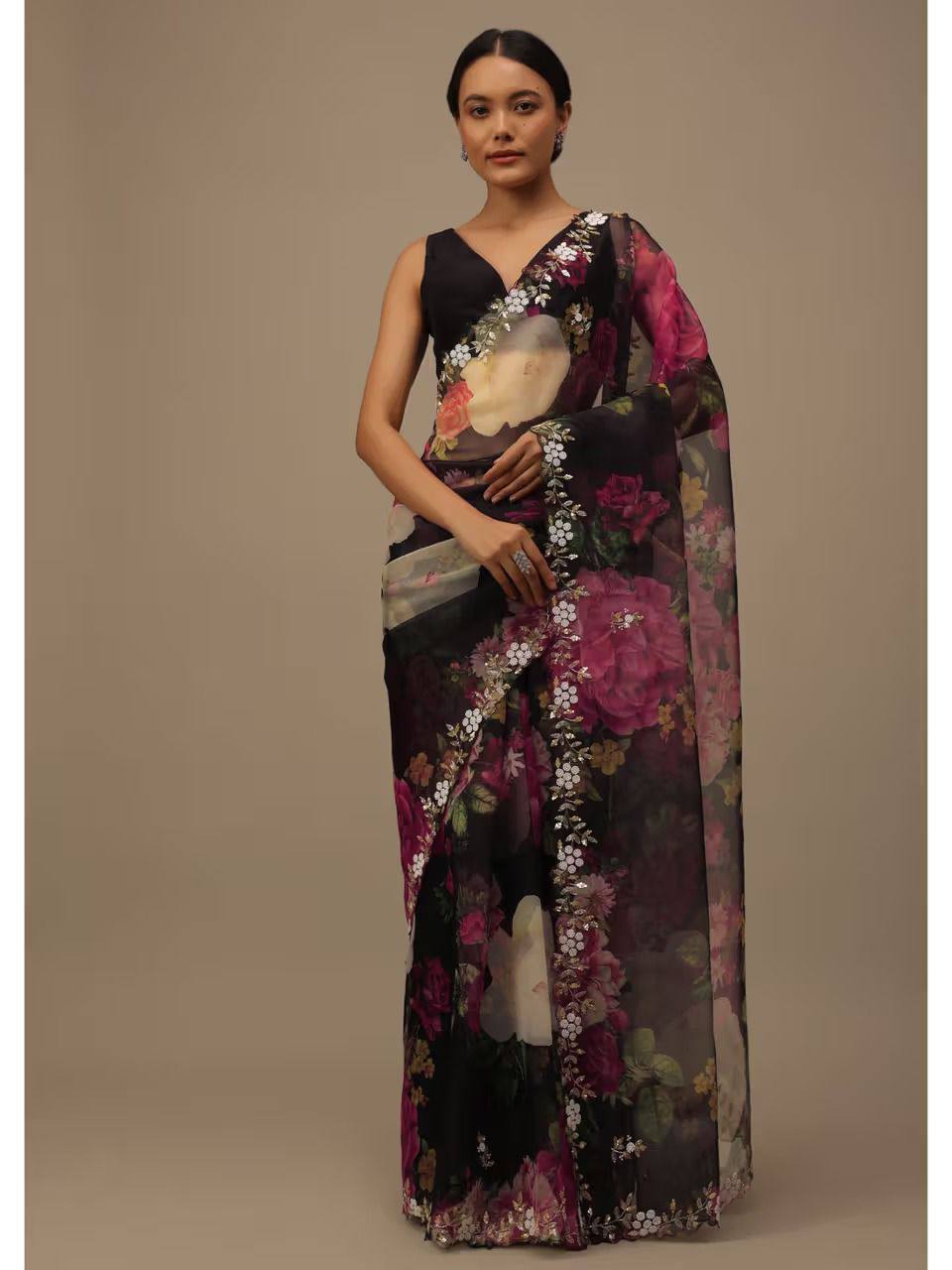 Soft Taby Organza Black Saree with All-Over Embroidery Cut Work Border and Mono Banglory Silk Blouse Piece Colorful Saree