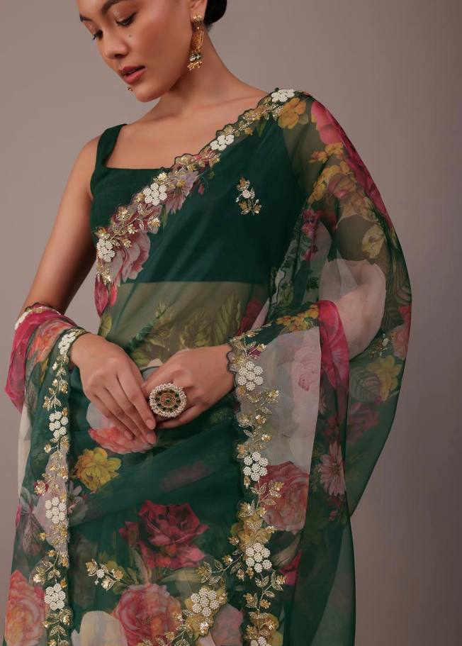 Soft Taby Organza Green Saree with All-Over Embroidery Cut Work Border and Mono Banglory Silk Blouse Piece Colorful Saree