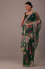 Soft Taby Organza Green Saree with All-Over Embroidery Cut Work Border and Mono Banglory Silk Blouse Piece Colorful Saree