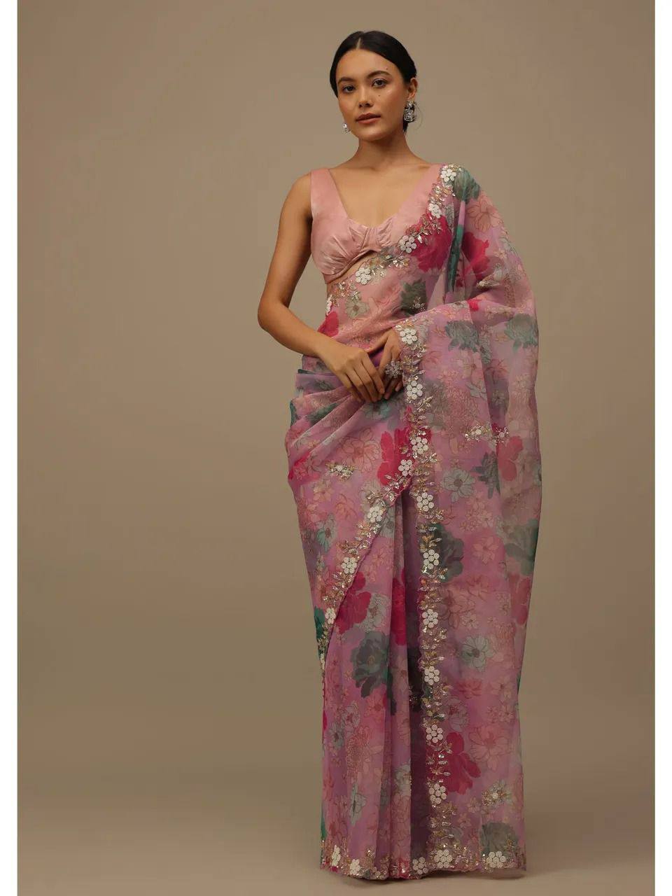 Soft Taby Organza Peach Saree with All-Over Embroidery Cut Work Border and Mono Banglory Silk Blouse Piece Colorful Saree