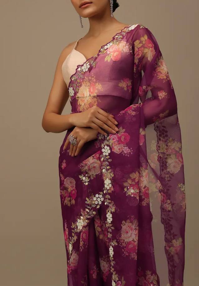 Soft Taby Organza Wine Saree with All-Over Embroidery Cut Work Border and Mono Banglory Silk Blouse Piece Colorful Saree