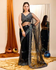 Sparkling Elegance: Sequined Black Saree with Cutwork Border & Sequined Blouse Piece Colorful Saree