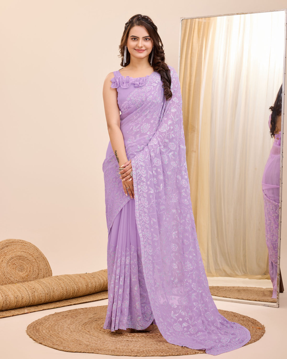 Sparkling Elegance: Sequined Faux Georgette Lavender Saree with Cutwork Border - Perfect for Weddings Colorful Saree