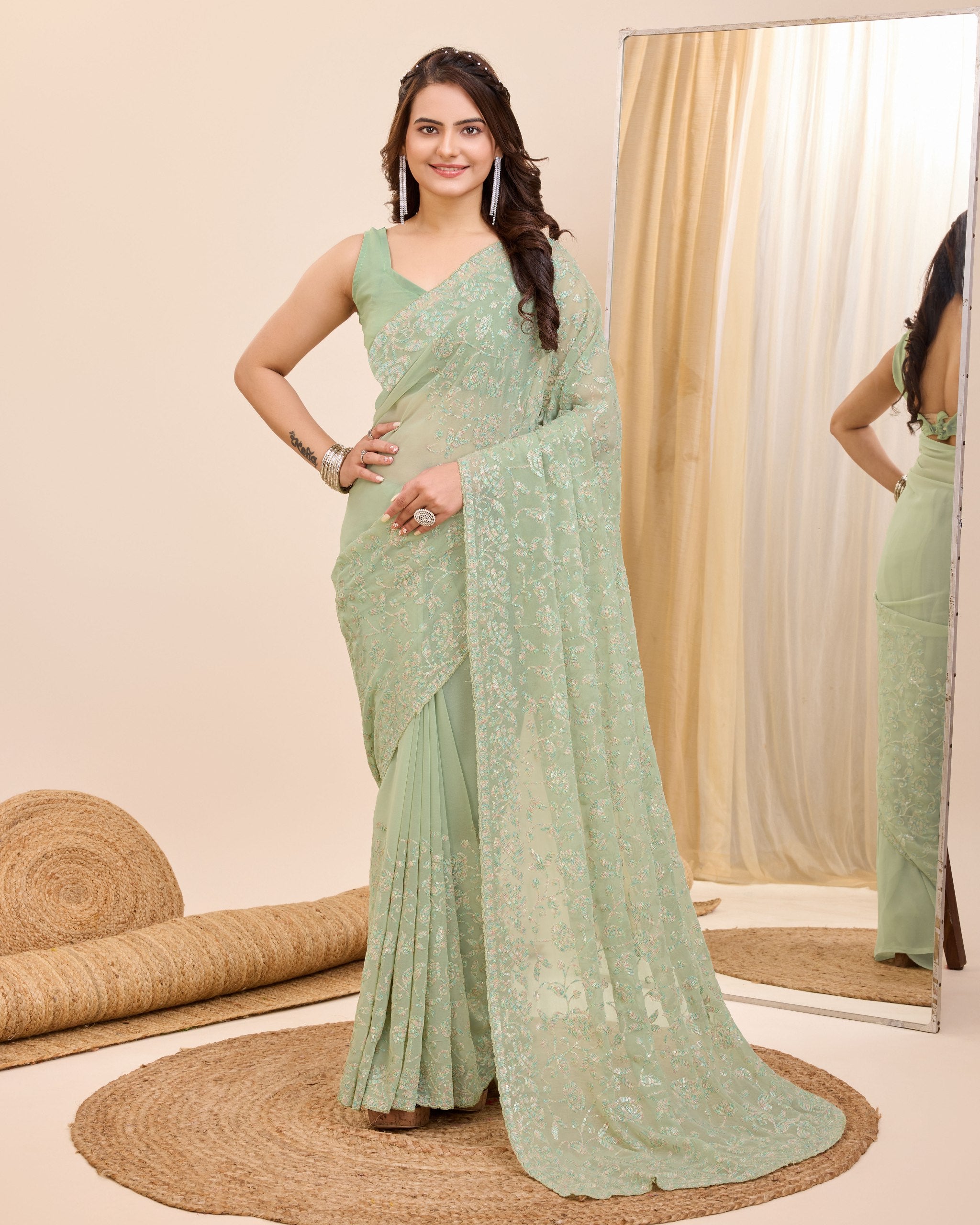 Sparkling Elegance: Sequined Faux Georgette Pista Green Saree with Cutwork Border - Perfect for Weddings Colorful Saree