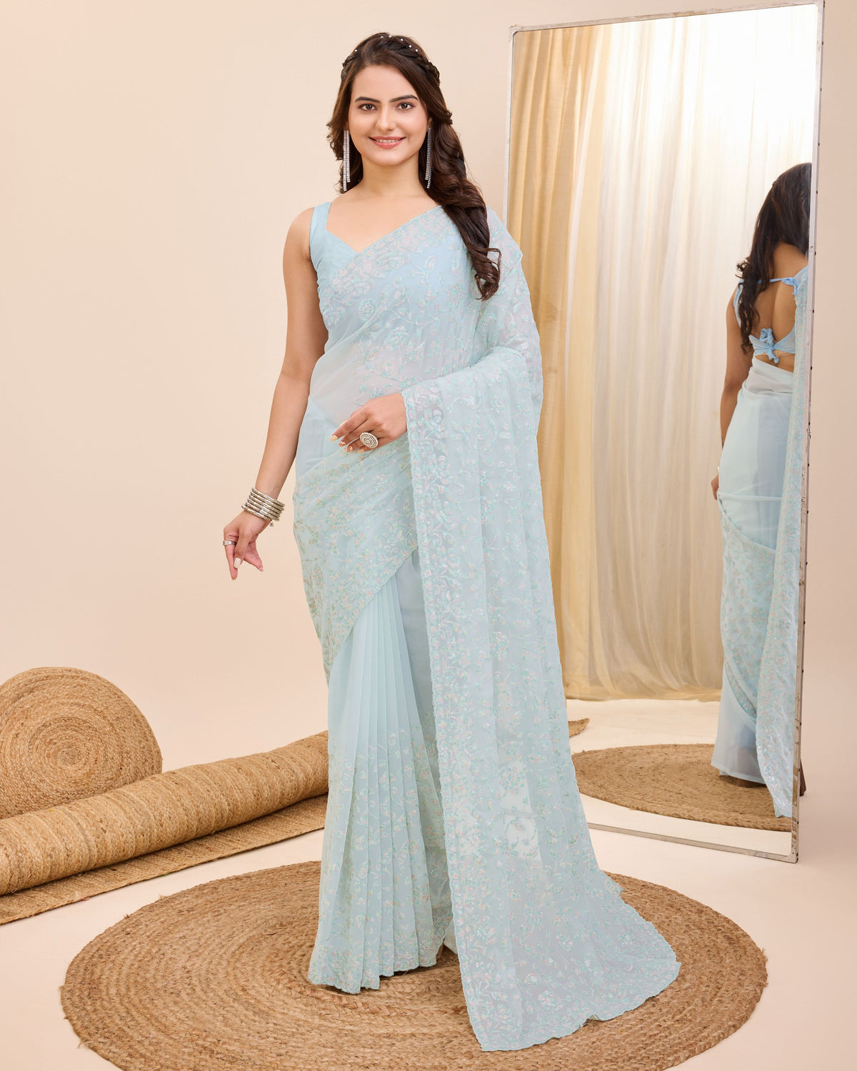 Sparkling Elegance: Sequined Faux Georgette Sky Blue Saree with Cutwork Border - Perfect for Weddings Colorful Saree