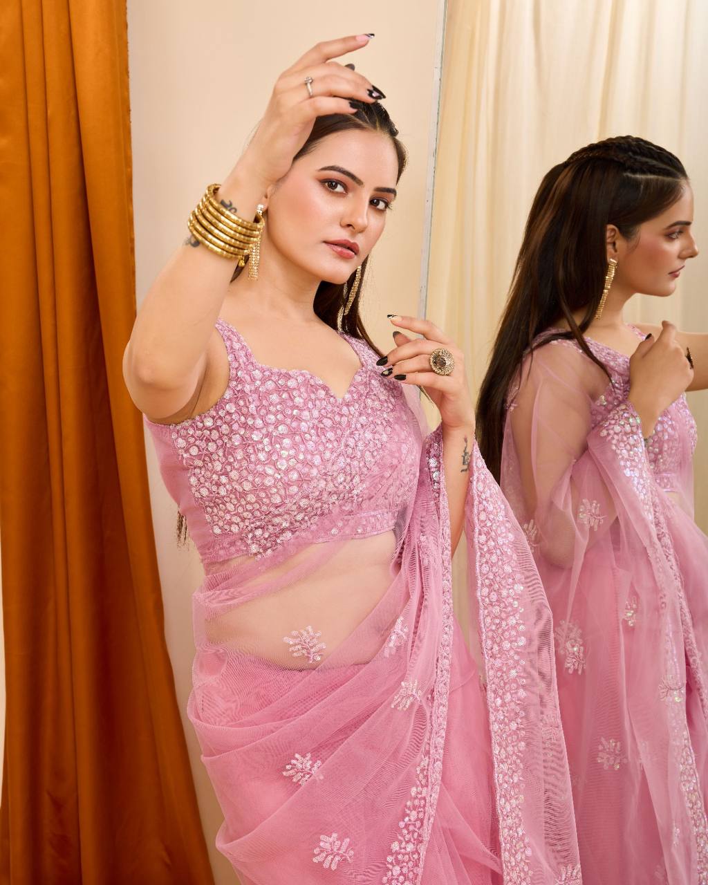 Sparkling Elegance: Sequined Pink Saree with Cutwork Border & Sequined Blouse Piece Colorful Saree