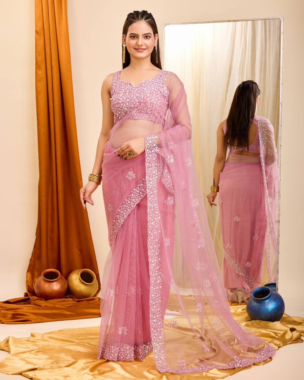 Sparkling Elegance: Sequined Pink Saree with Cutwork Border & Sequined Blouse Piece Colorful Saree