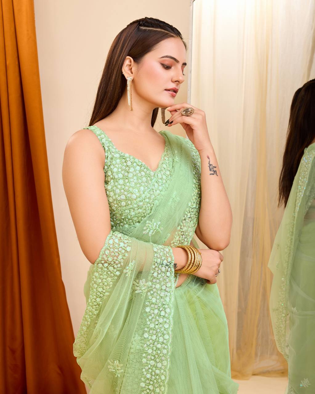 Sparkling Elegance: Sequined Pista Green Saree with Cutwork Border & Sequined Blouse Piece Colorful Saree