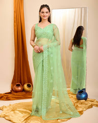 Sparkling Elegance: Sequined Pista Green Saree with Cutwork Border & Sequined Blouse Piece Colorful Saree