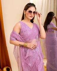 Sparkling Elegance: Sequined Purple Saree with Cutwork Border & Sequined Blouse Piece Colorful Saree