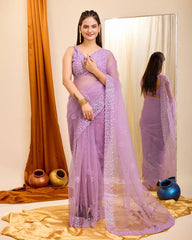 Sparkling Elegance: Sequined Purple Saree with Cutwork Border & Sequined Blouse Piece Colorful Saree