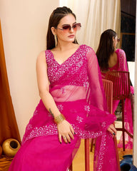 Sparkling Elegance: Sequined Rani Pink Saree with Cutwork Border & Sequined Blouse Piece Colorful Saree