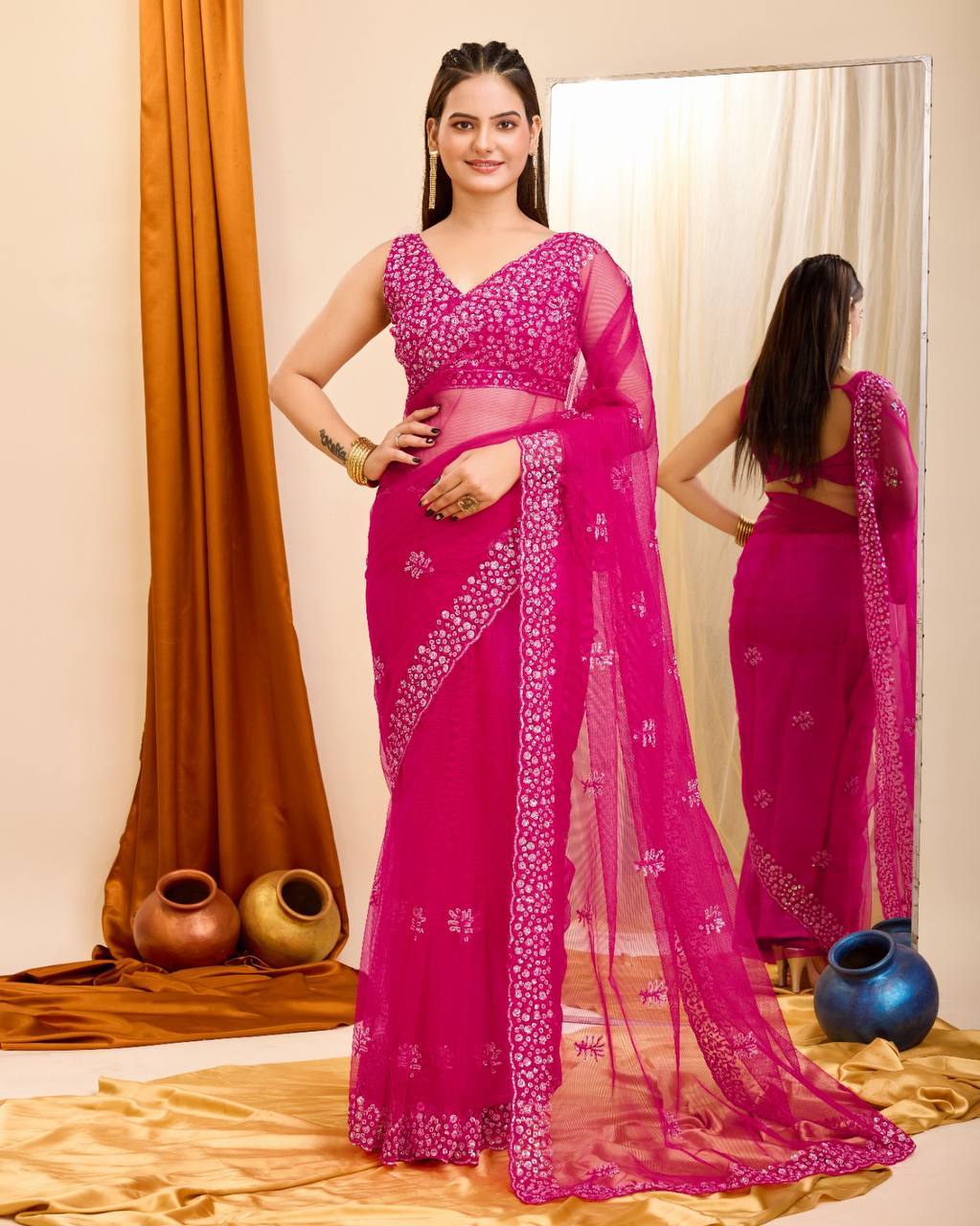 Sparkling Elegance: Sequined Rani Pink Saree with Cutwork Border & Sequined Blouse Piece Colorful Saree