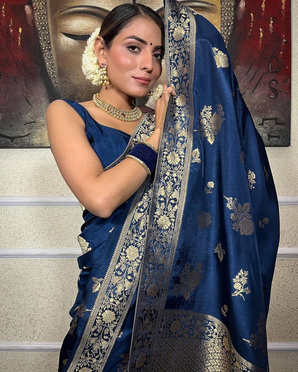 Stunning Banarasi Soft Silk Blue Saree with Heavy Brocade Blouse Colorful Saree