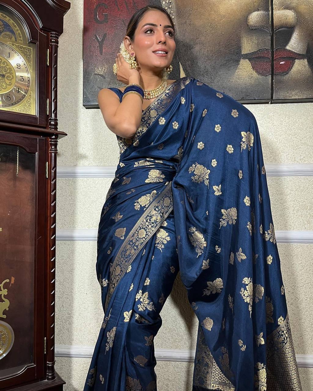 Stunning Banarasi Soft Silk Blue Saree with Heavy Brocade Blouse Colorful Saree