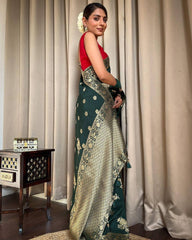 Stunning Banarasi Soft Silk Green Saree with Heavy Brocade Blouse Colorful Saree